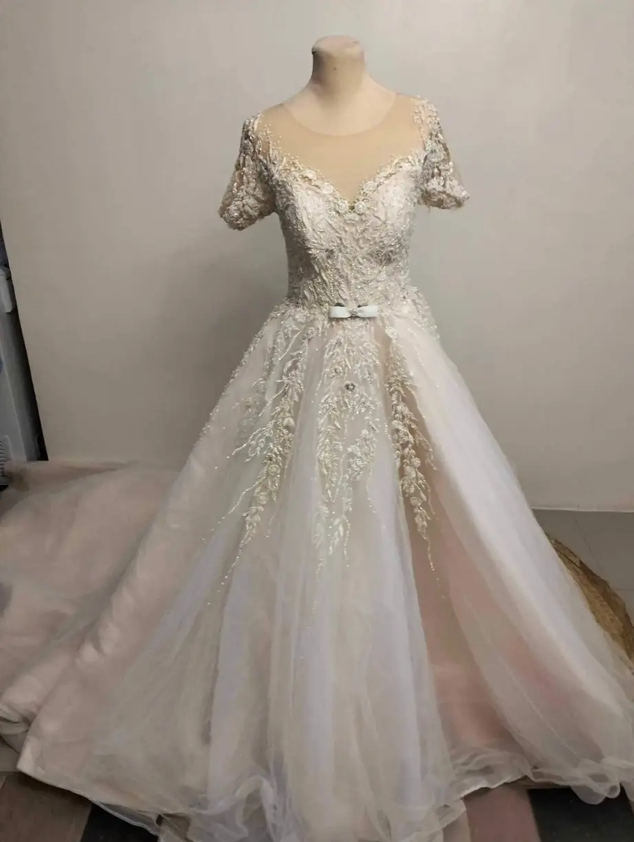 bridal gown set e baroque style gold appliqué bodice with flowing white skirt