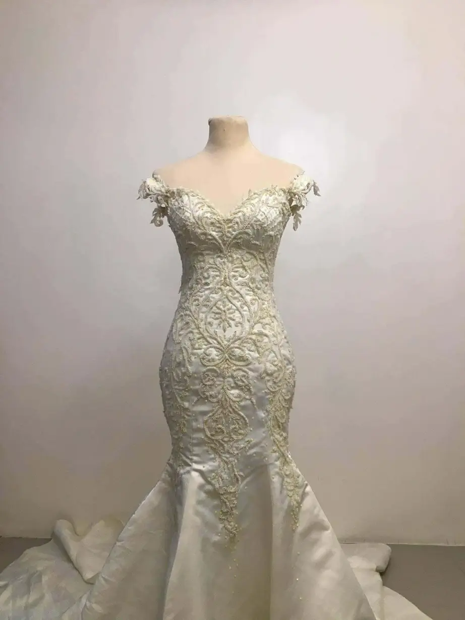 wedding gown set a off shoulder ivory mermaid with intricate gold bead embroidery