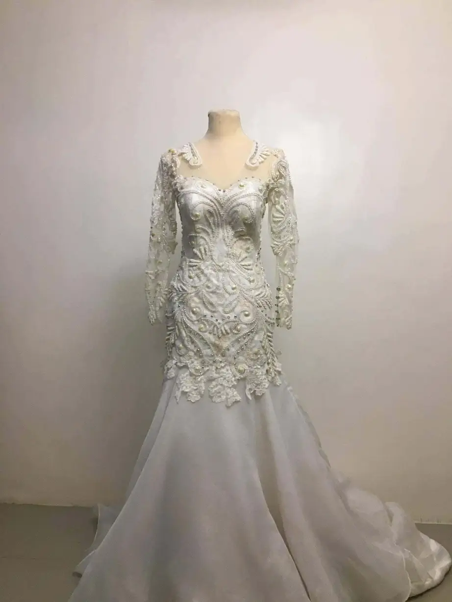 wedding gown set b illusion long sleeve ivory mermaid with pearl and lace appliqué